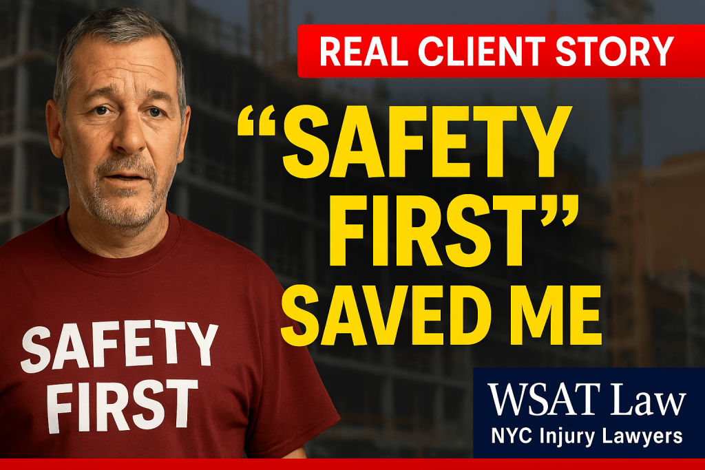 a WSAT law client wearing a "Safety First" shirt as he says his testimonial