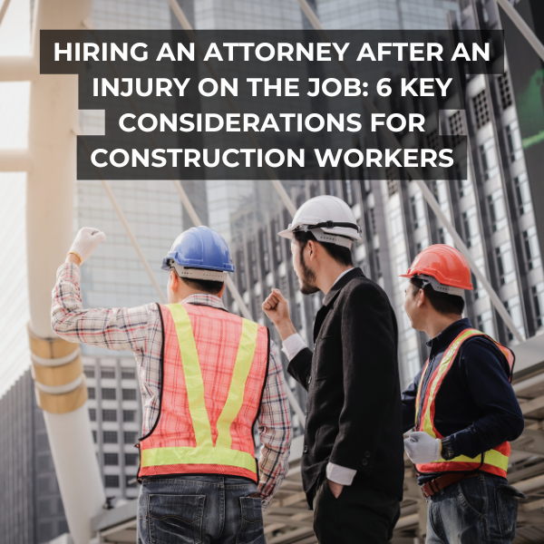 Three construction workers wearing hard hats and safety vests reviewing documents at a job site with a crane and building under construction in the background. Overlaid text reads: "Hiring an Attorney After an Injury on the Job: 6 Key Considerations for Construction Workers."