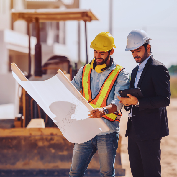 Dos obreros de la construcción, con cascos y equipo de seguridad, revisan juntos unos documentos en una obra en curso, rodeados de andamios y estructuras de obra.