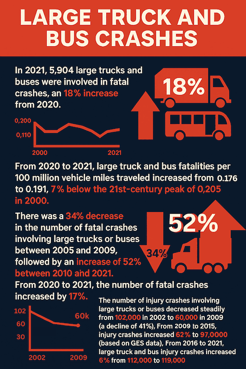 Una infografía que resume los datos clave de la FMCSA correspondientes a 2021 sobre accidentes de camiones de gran tonelaje y autobuses, en la que se muestran el aumento de los accidentes mortales, las tendencias en el número de heridos y las pautas a largo plazo.