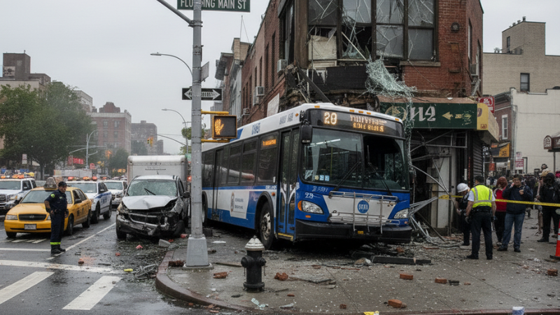 Emergency response at a bus accident site in NYC, highlighting motor vehicle injury cases.