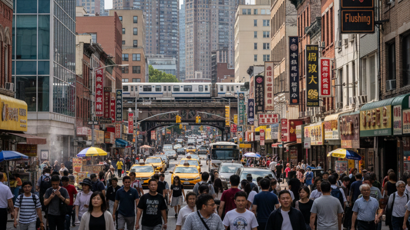Pedestrians walking on Flushing, Queens