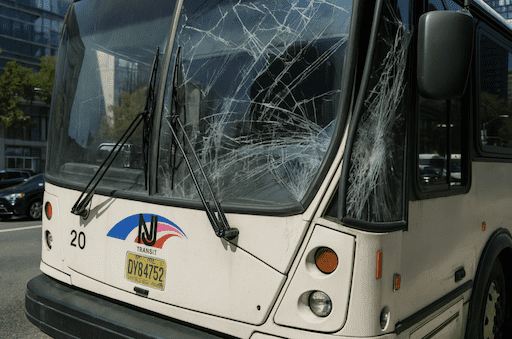 Damaged NJ Transit bus with shattered windshield after Port Authority accident that left 29 injured and 1 concussed.