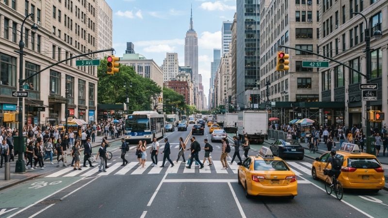 Pedestrians, cyclists, buses, and vehicles traveling through a busy New York City intersection during National Traffic Awareness Month.