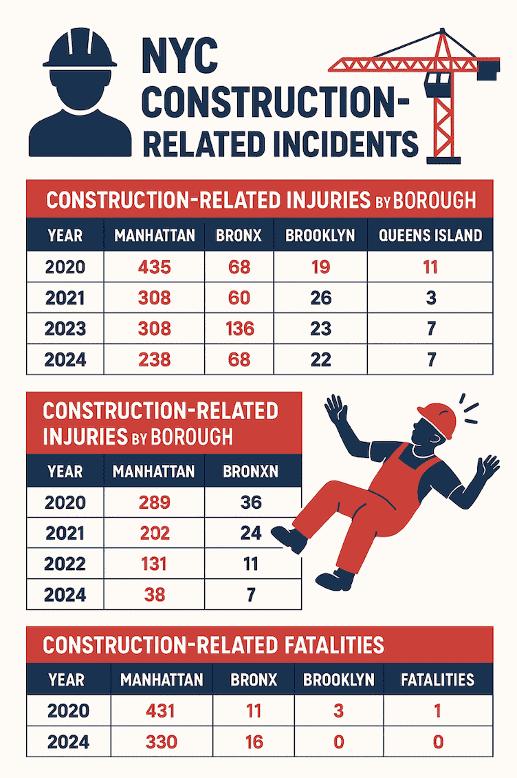 NYC Construction Accident Statistics infographic from 2020 to 2024