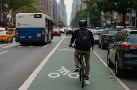 A cyclist wearing a helmet rides on a designated bike lane in a busy New York City street, surrounded by traffic including a bus and cars, highlighting pedestrian and cyclist safety concerns.
