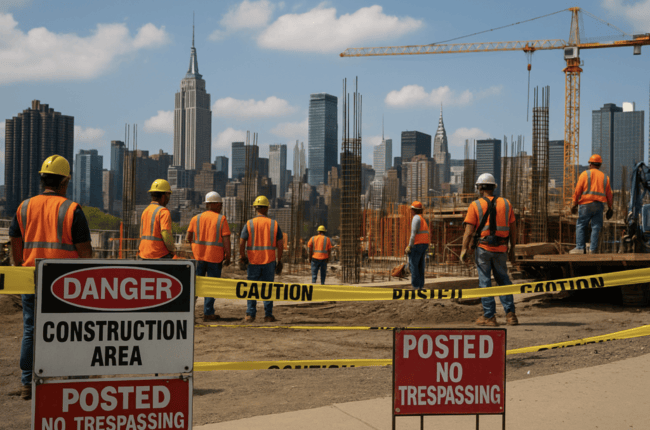 NYC construction workers at a busy job site with safety gear, 2025