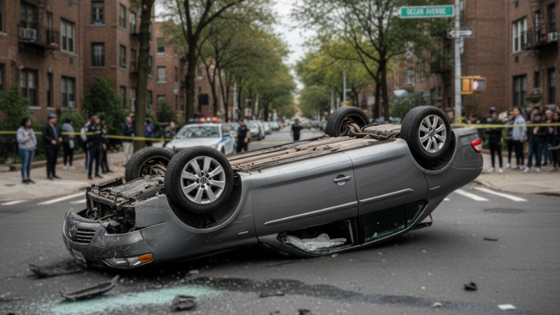 Overturned Toyota Camry on Kings Highway in Midwood after NYC car accident.