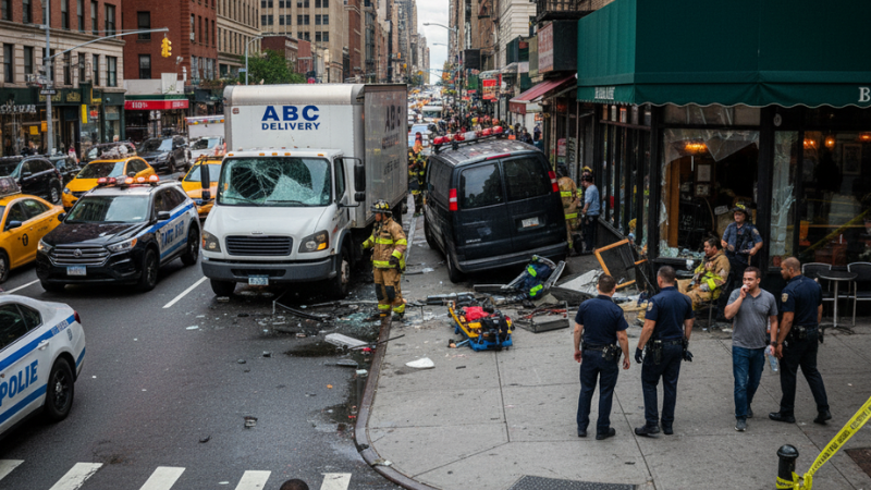 Emergency responders assist victims after a truck crashes into a van in Midtown, leaving 10 injured and debris scattered across a busy New York City sidewalk.