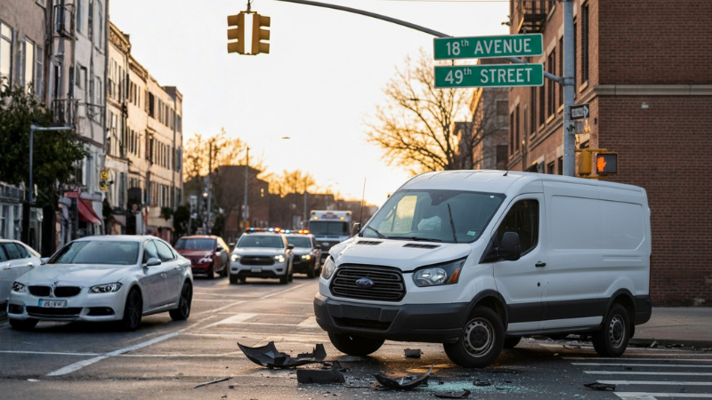 Ford Transit van at 18th Avenue and 49th Street in Brooklyn following accident.