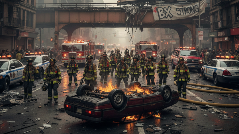 Firefighters inspect the aftermath of a massive explosion on a Bronx, New York street, with emergency vehicles and debris visible at the scene.