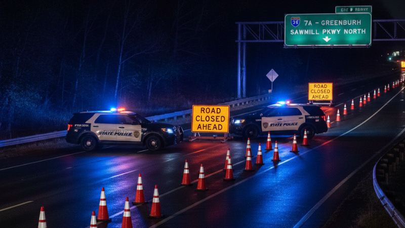 Vista nocturna de una colisión entre un camión con remolque y un automóvil en la autopista NY Thruway, con luces de emergencia y conos de tráfico cerca de la salida 7A en Greenburgh, Nueva York.