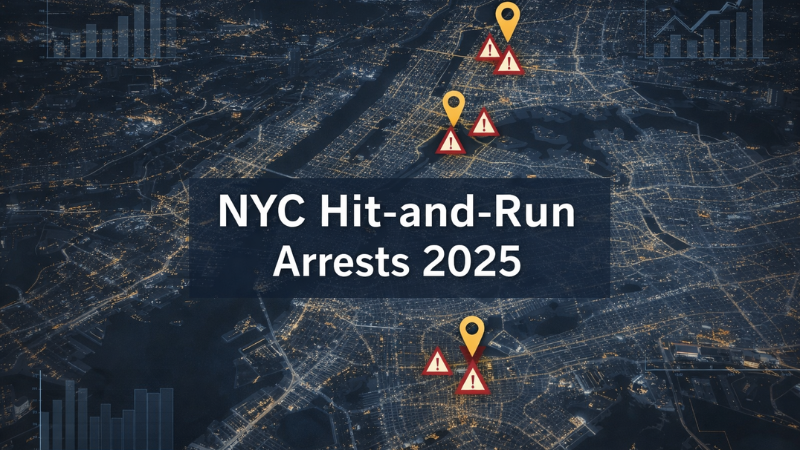 Infographic of New York City at night showing Bronx and Lower East Side crash markers to visualize NYC hit-and-run arrests 2025 statistics .Image for education purposes only.