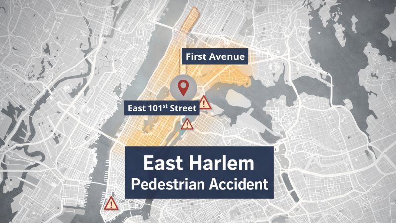 Infographic map of New York City highlighting East Harlem Pedestrian Accident with red warning markers along First Avenue and East 101st Street representing crash locations.