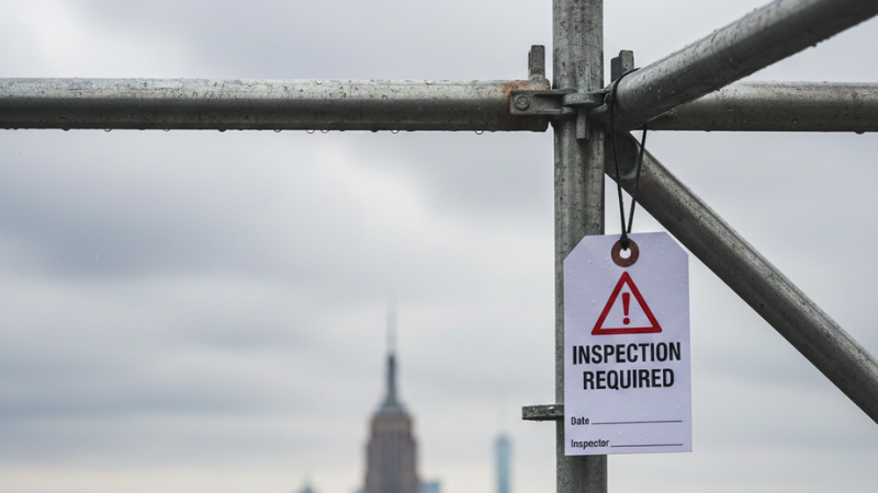 Close-up of metal scaffolding structure in New York City with safety inspection tag under cloudy sky, symbolizing construction and pedestrian safety.