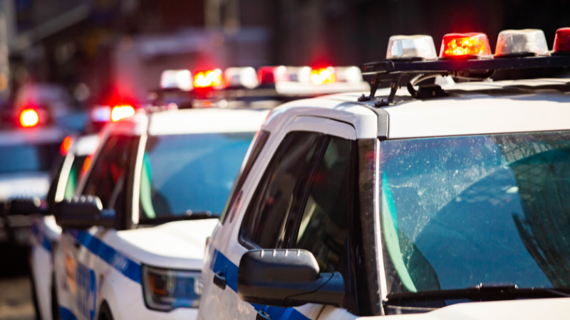 Two NYPD police vehicles parked on a New York City street representing ongoing investigations tied to NYC hit-and-run arrests 2025.