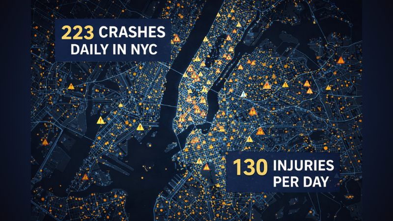 Infografía del mapa de la ciudad de Nueva York con marcadores de peligro que muestran la densidad de accidentes y estadísticas que destacan los accidentes y lesiones diarios. Infografía sobre accidentes de peatones en Nueva York en 2025.