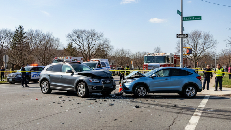 Una ilustración realista de los servicios de emergencia en el lugar de un accidente automovilístico en Staten Island, en Rockland Avenue y Forest Hill Road, que muestra dos SUV dañados bajo un cielo despejado. Accidente automovilístico en Nueva York.