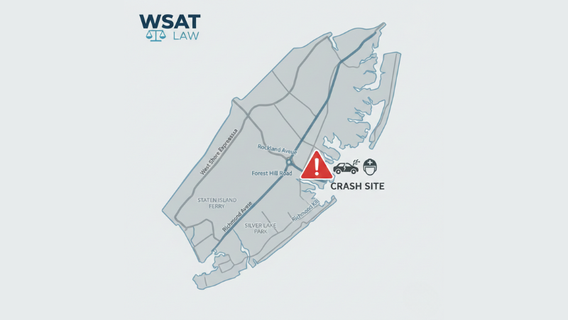 Infographic map of Staten Island highlighting Rockland Avenue and Forest Hill Road with a red warning triangle indicating the crash site location.
