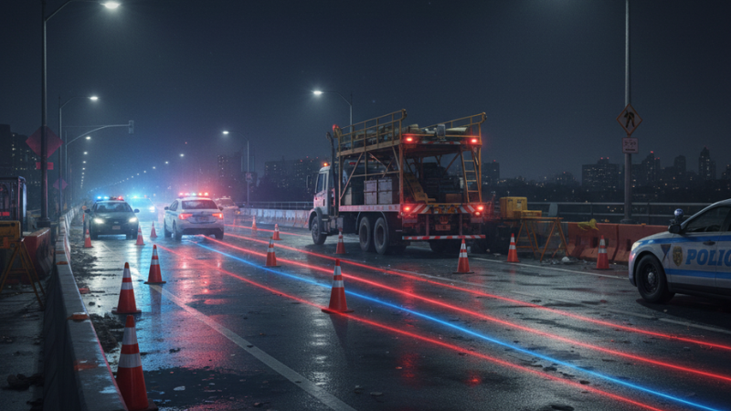 Digital illustration of a nighttime crash scene on the Washington Bridge in Upper Manhattan, showing police lights reflecting on wet pavement near a construction zone.