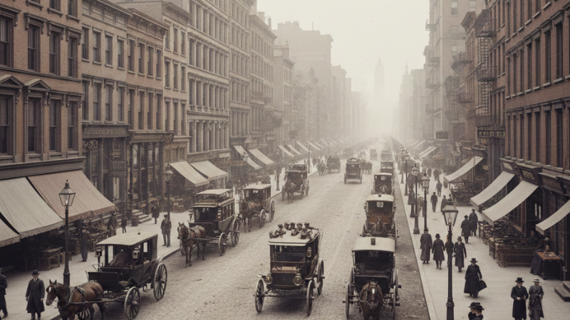 Historic 1899 New York street with early automobile representing Car Accident History