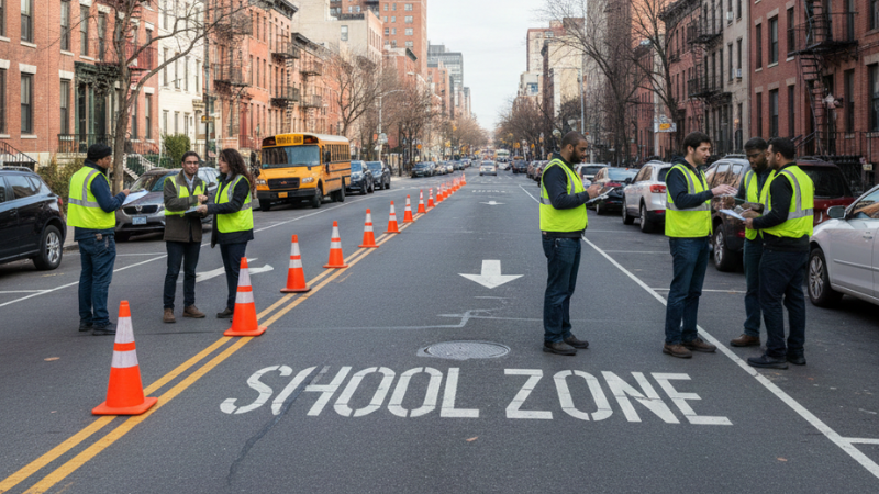 Transportation safety review materials on a Brooklyn street representing the B36 Bus Crash in Coney Island investigation process.