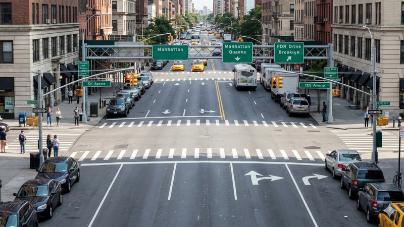 NYC roadway arrows and signage symbolizing Wrong Way Crash Manhattan traffic investigation.