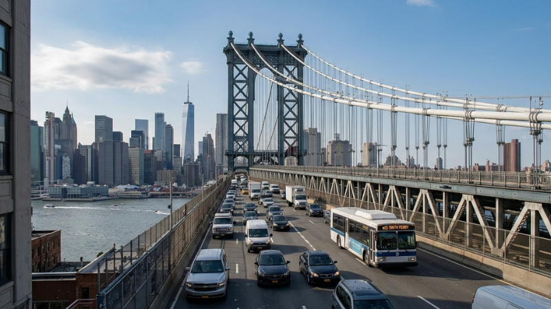 City bus traveling across the Manhattan Bridge representing urban traffic conditions related to bus accident injuries.