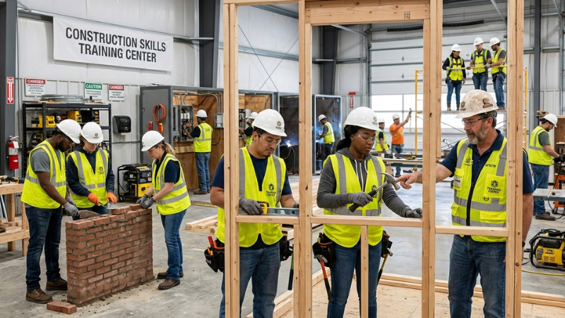 Construction training center showing workers learning skilled trades during Women in Construction Week.