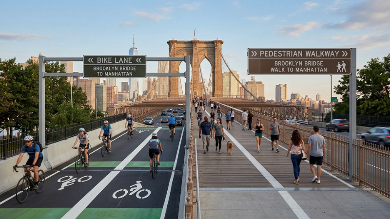 Brooklyn Bridge pedestrian and bike separation illustrating NYC Streets Redesigned Ahead of the 2026 World Cup