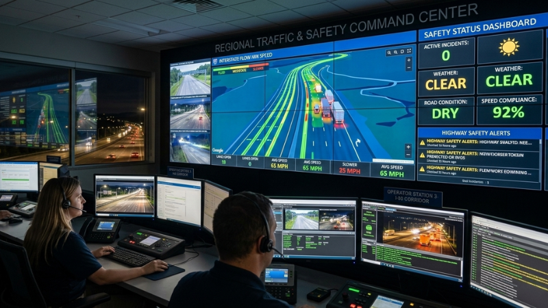 Traffic monitoring center analyzing highway crash data related to fatal tractor trailer crash investigations.