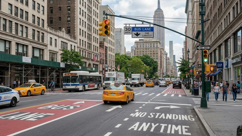 New York City street with bus lane and traffic signals representing transportation conditions related to bus accident injuries.
