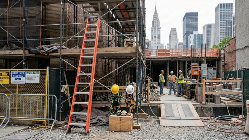 Construction site with ladder and scaffolding representing National Ladder Safety Month workplace context.