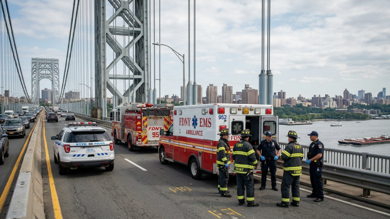 Emergency vehicles stationed on a bridge after a Manhattan Bridge bus crash with responders nearby