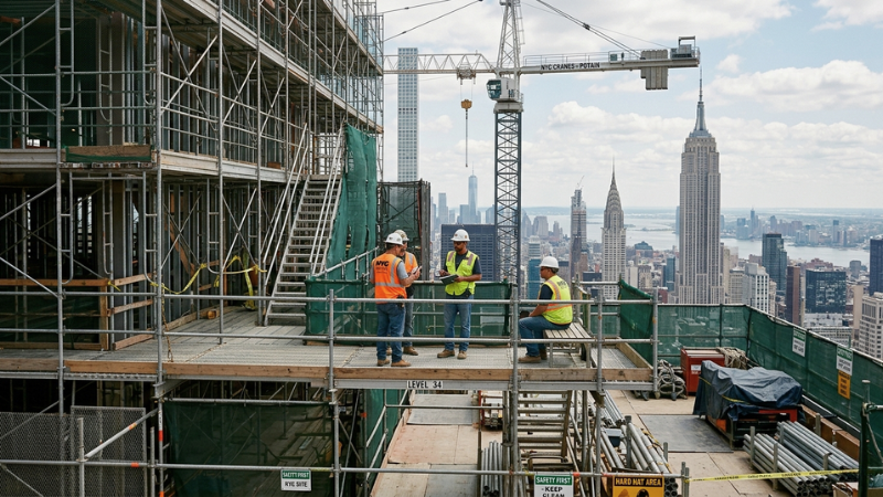 New York City construction site with scaffolding and workers representing Building Safety Month 2026 Begins