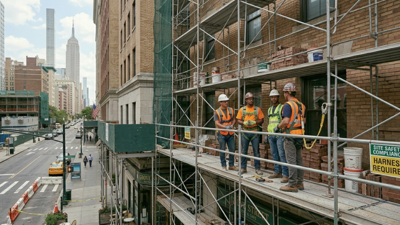 Construction workers with safety harnesses representing Construction Workers Pause for Safety Stand-Down
