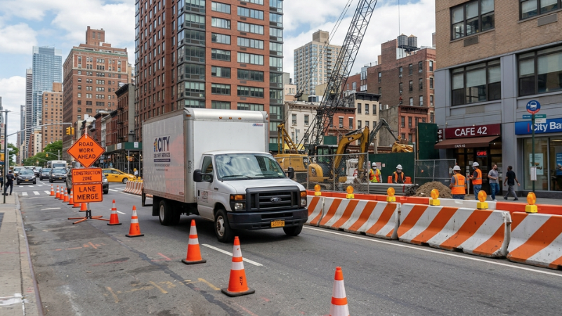 Box truck passing a construction site representing NYC construction lift accident conditions