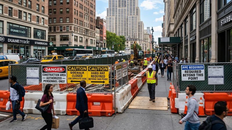 Construction safety barriers and signage in NYC representing NYC construction lift accident prevention
