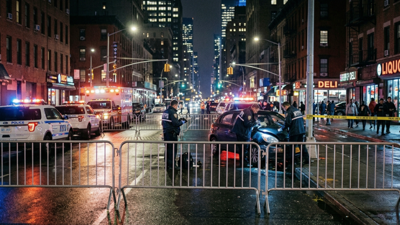 Escena nocturna en las calles de Nueva York que representa una investigación de un accidente en Manhattan tras una colisión grave.