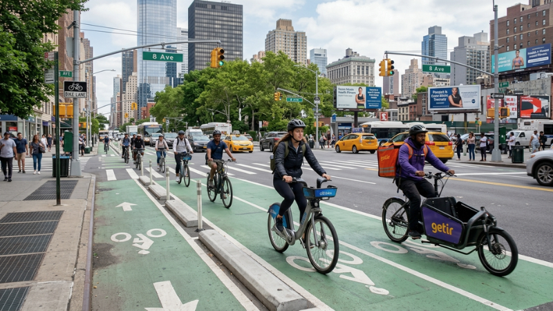 Protected bike lanes and e-bike riders in New York City representing the NYC E-Bike Health Study.