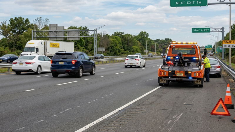 Highway scene showing vehicles moving over for a tow truck as part of Move Over law awareness campaigns