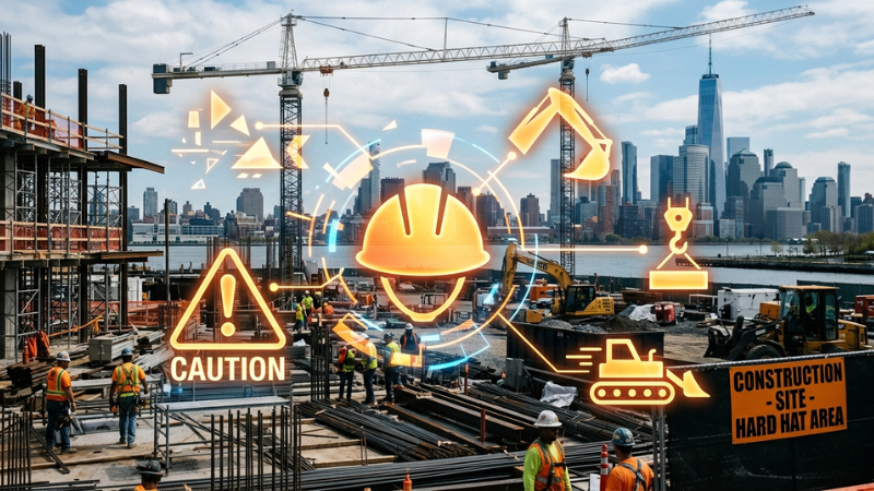 Iconos abstractos que representan la seguridad en la construcción en relación con un accidente mortal en el sector de la construcción en el que se vio implicada maquinaria pesada