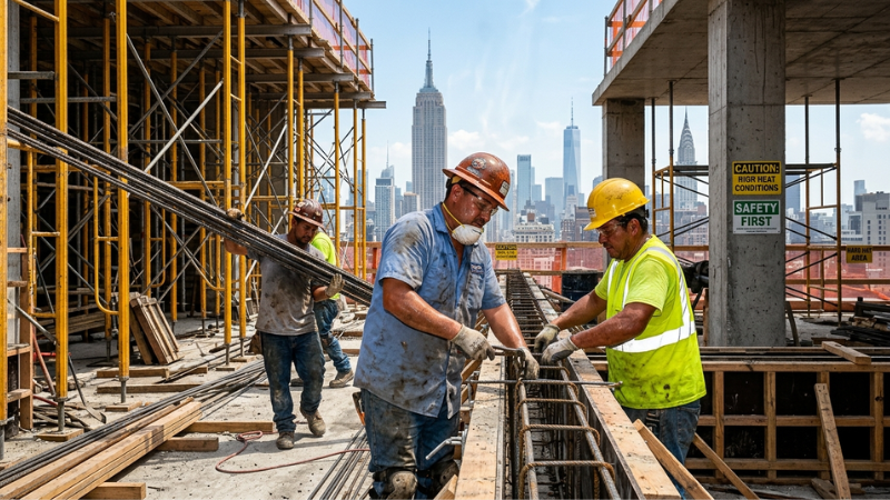 Trabajadores de la construcción de pie en una obra de Nueva York en pleno verano, lo que pone de manifiesto los riesgos relacionados con la prevención de las enfermedades causadas por el calor.