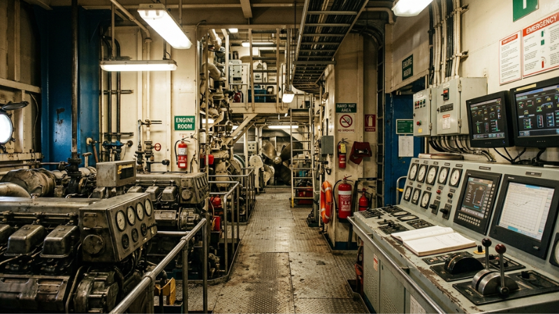 Interior confined shipyard workspace with ventilation and paint materials related to the Staten Island shipyard explosion.