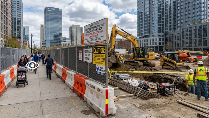 Zona de obras urbana en la que se aprecia la separación entre los peatones y la maquinaria pesada, en el contexto de un accidente mortal de obra en el que se vio implicada maquinaria pesada