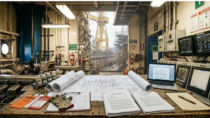 Shipyard investigation concept image with industrial background and safety review materials tied to the Staten Island shipyard explosion.