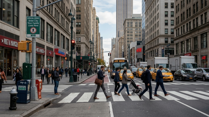 Acera y paso de peatones de Manhattan que representan los casos de accidentes mortales de peatones en la ciudad de Nueva York.