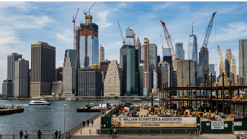 New York City skyline with cranes representing William Schwitzer Construction Accident Cases and injured worker advocacy.