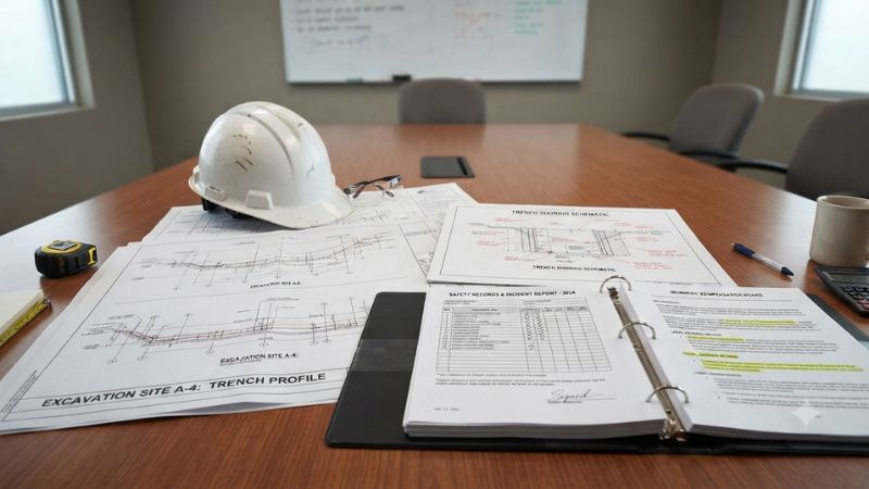 Documentación de obra y planos de excavación correspondientes a la campaña «Trench Safety Stand Down» y revisión jurídica de las condiciones del lugar de trabajo.