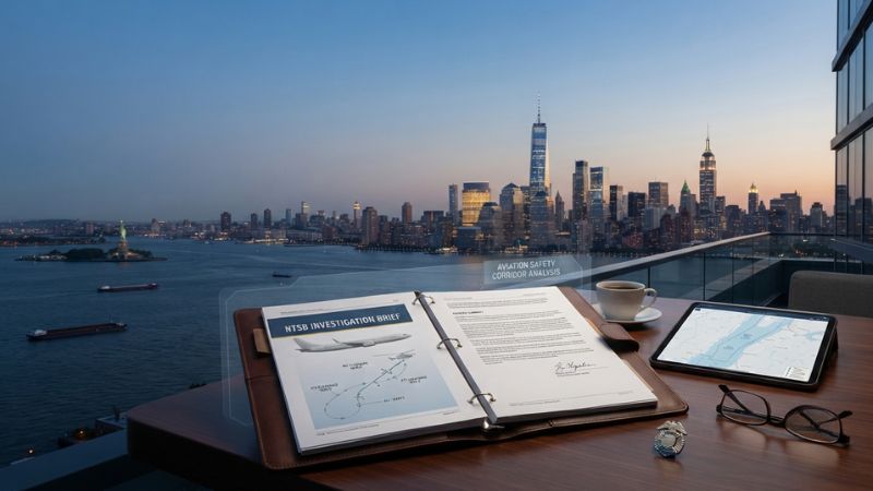 El perfil urbano de Manhattan y el río Hudson, que representan la investigación sobre el accidente de helicóptero del río Hudson y la seguridad aérea.